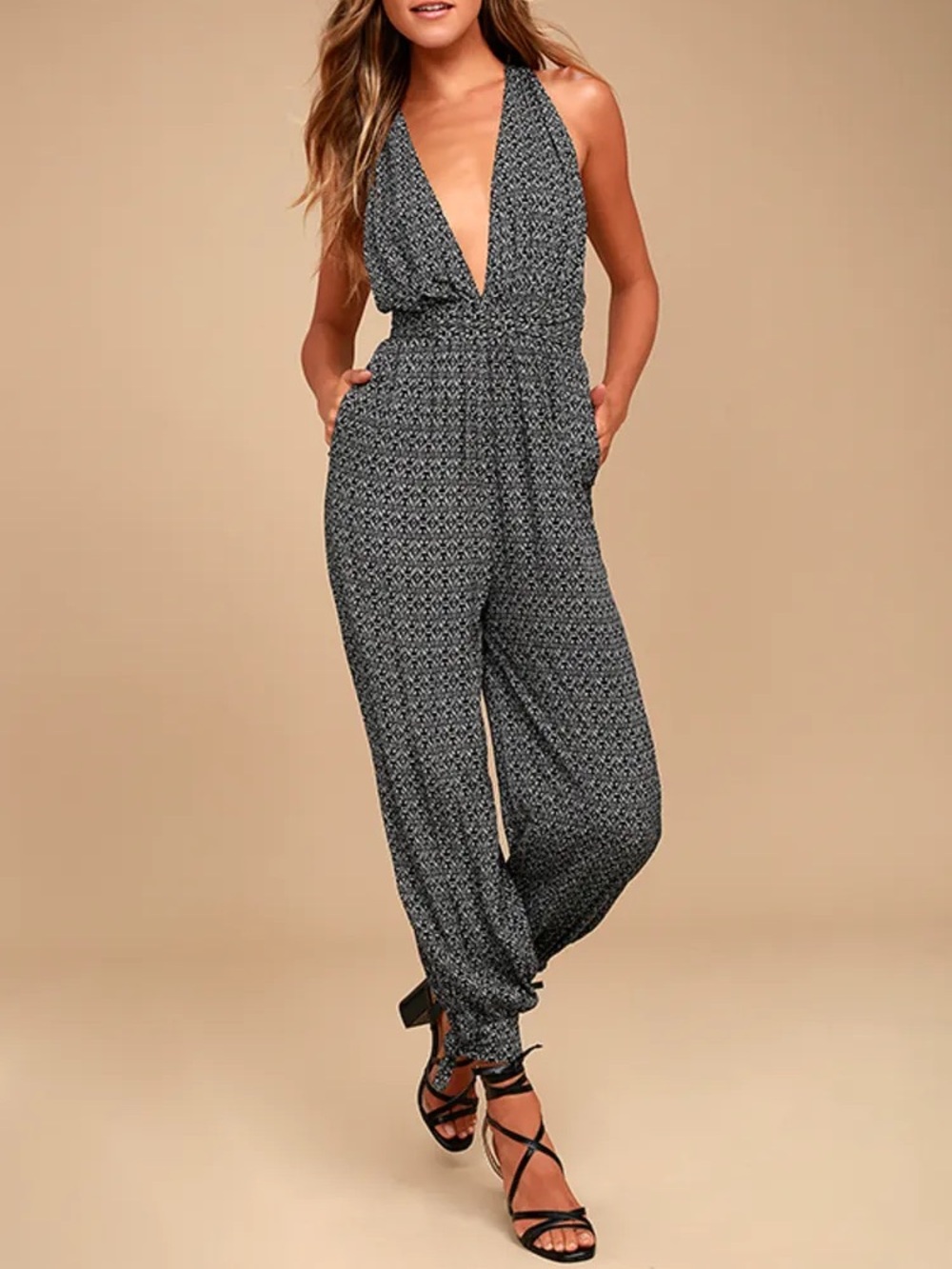 Lulus Take a Trip Black Print Halter Jumpsuit